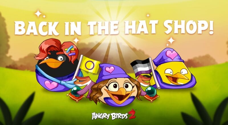 Bomb, Melody and Chuck featured wearing the Better Together Pride hat sets, available now in the hat shop in Angry Birds 2.