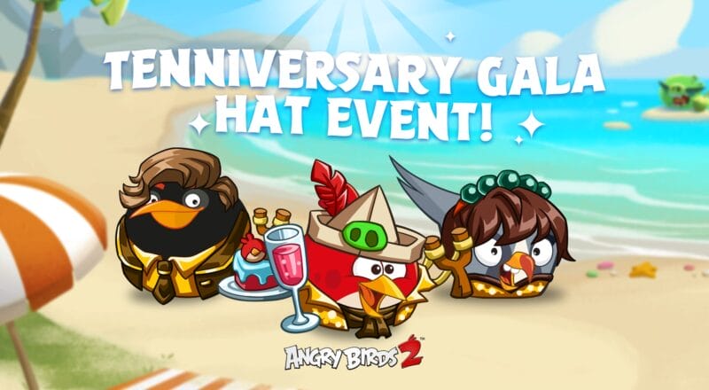 Enter Angry Birds 2 to celebrate ten years of flinging with the Tenniversary Gala Hat Set. The event lasts for twelve days, with an increased Flock Power boost!